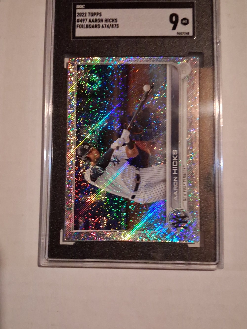 Topps Aaron Hicks Holographic Foilboard Baseball Card - Silver Sparkle. SGC 9